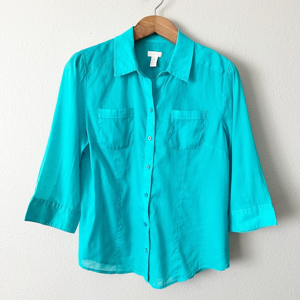 Chico's Size 2 Teal Ramie Cotton Button Down Shirt 3/4 Sleeve Women's Size Large